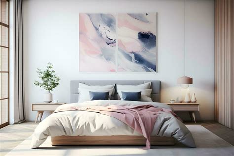 Minimalistic White Bed with Colorful Abstract Wall Decor,Genarative ai ...