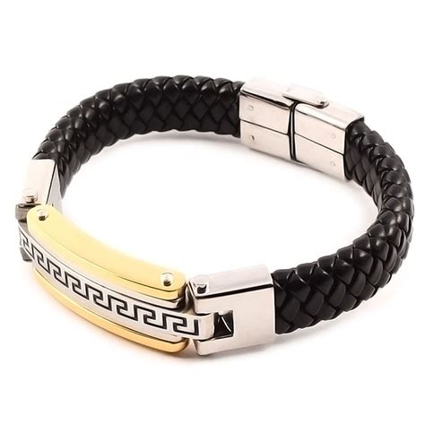 Bracelet Homme Cuir Tresse Elements Acier Motif Cle Grecque