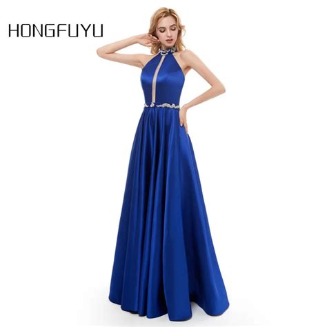 Buy Noble Sexy Satin A Line Royal Blue Halter Long