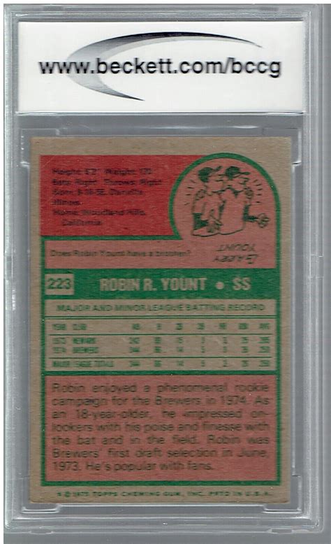 1975 Topps 223 Robin Yount Rookie RC Card Graded BCCG 8 BGS BECKETT