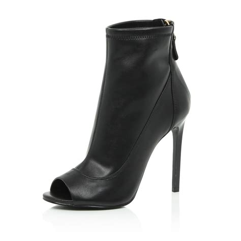 River Island Black Leather Peep Toe Ankle Boots In Black Lyst