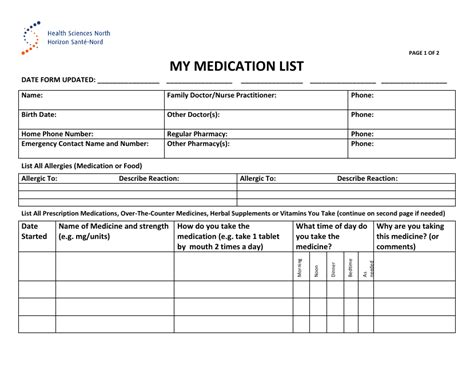 Medication List Template Health Sciences North Horizon Sante Nord Download Fillable Pdf