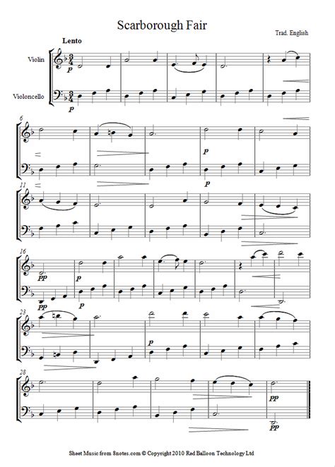 Scarborough Fair Sheet Music For Violin Cello Duet