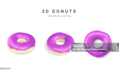 Set Of Violet Donuts Isolated On White Background Collection Of