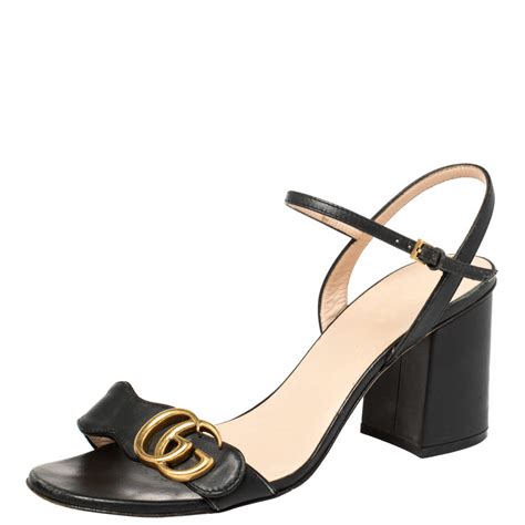 Gucci Black Leather Gg Marmont Block Heel Ankle Strap Sandals Size 38