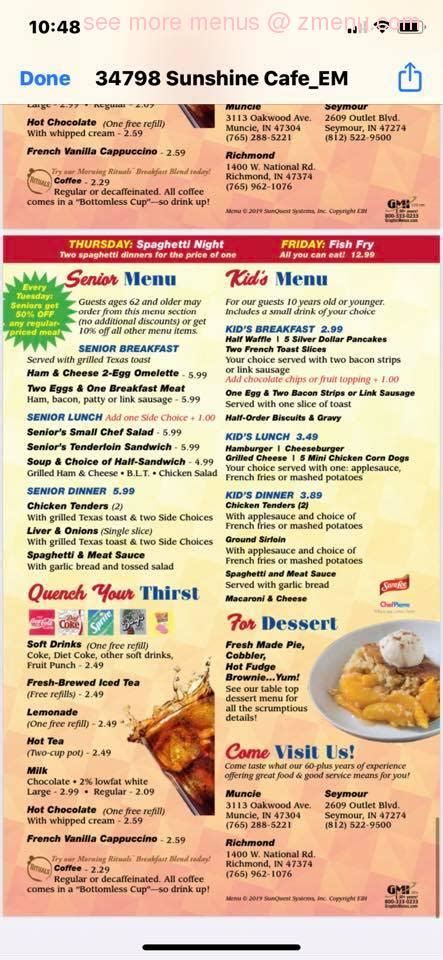 Menu At Sunshine Cafe Muncie Muncie