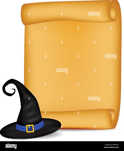 Halloween banner, card with empty paper scroll and witches hat. Blank ...