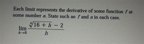 Solved Each Limit Represents The Derivative Of Some Function Chegg