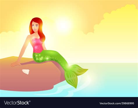 Pretty Mermaid Sitting On The Rock During Sunset Vector Image