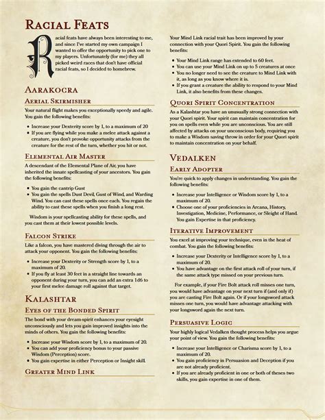 [OC][Homebrew] Racial feats for Aarakocra, Kalashter, and Vedalken! : r/DnD