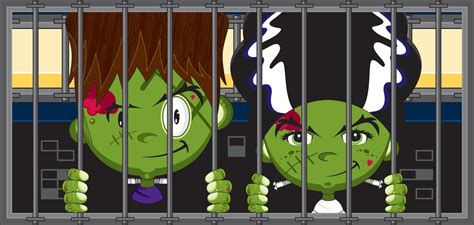 Cartoon Scary Frankensteins Monsters In Jail Cell Spooky Halloween