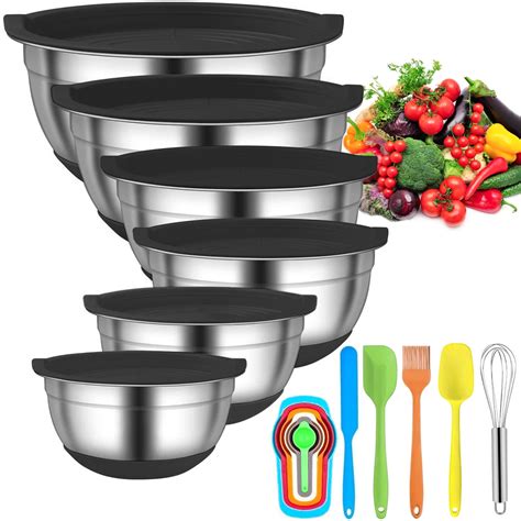 stusgo 6 Pcs Mixing Bowls with Lids,Stainless Steel Mixing Bowls,Black Non-Slip Bottoms ...