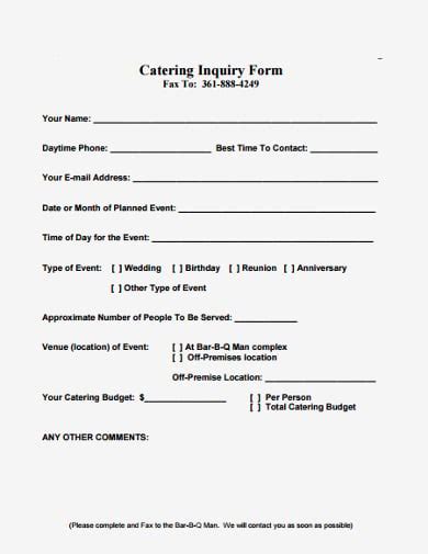 7+ Best Catering Inquiry Form Templates - PDF | Free & Premium Templates