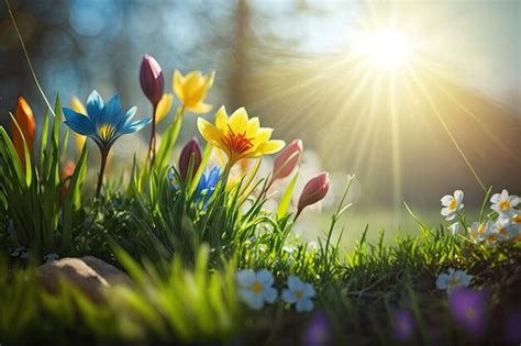 Background of beautiful sunny spring day with flowers and grass in garden | Premium AI-generated ...