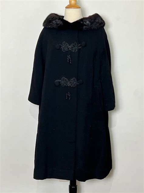 Vintage 1960s Black Swing Coat With Fur Trim And Frog Gem