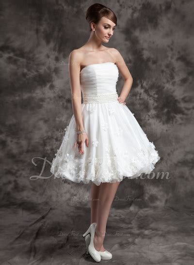 A Line Princess Strapless Knee Length Organza Wedding Dress With Ruffle