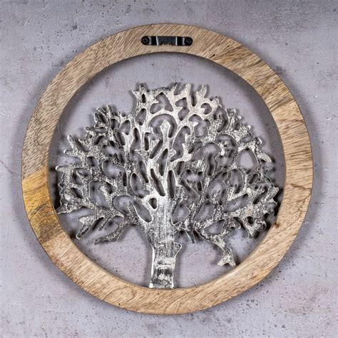 Wandbild Ø25cm Lebensbaum Metall Holz Mango Silber Braun Bild Wand Deko