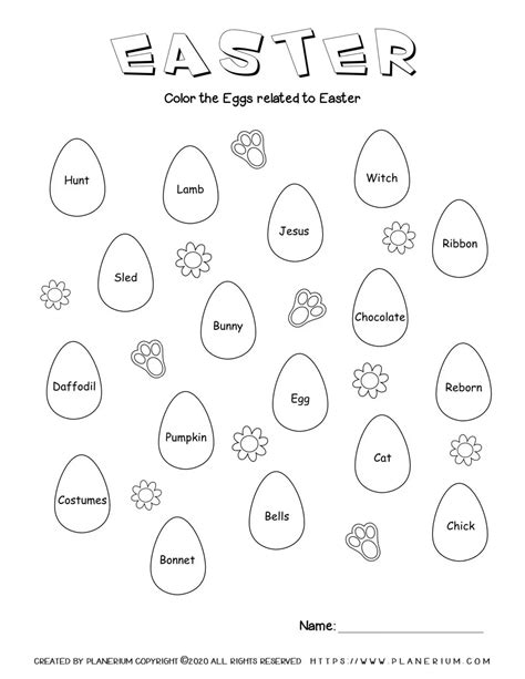 color eggs  easter words  printable worksheet