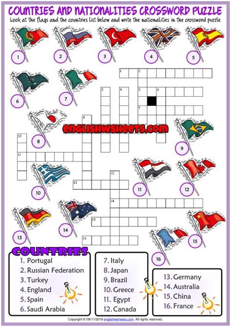 Countries And Nationalities Esl Crossword Puzzle Worksheet Crossword