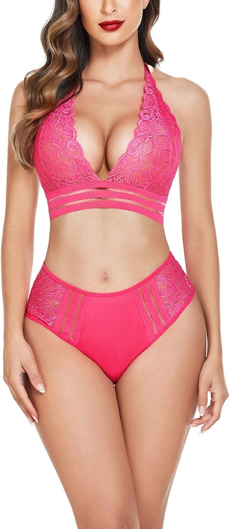 Avidlove Women Lingerie Set Lace Bralette And Panty Set Sexy Halter Babydoll Rose Red S