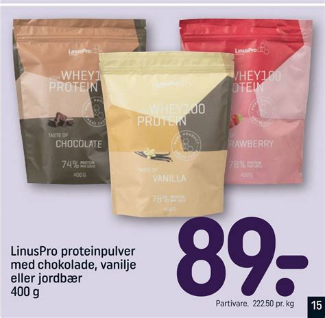 Linuspro proteinpulver med chokolade vanilje eller jordbær tilbud hos