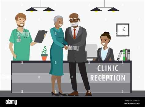 Old African American Couple In Clinicreception With Receptionist And Doctor Cartoon Flat