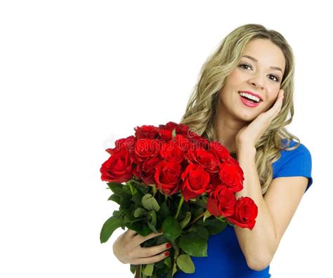 Beautiful Woman With Bouquet Of Red Roses Stock Image Image Of