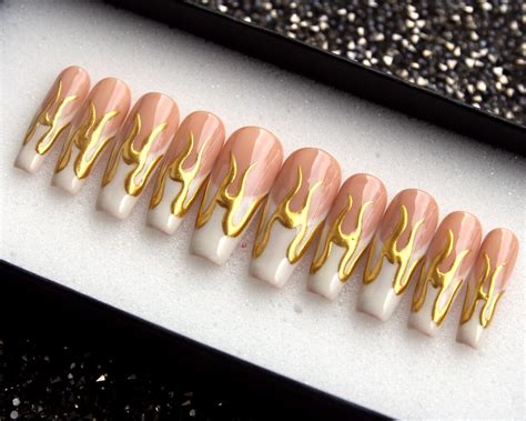 Nude X Golden Metalic Press On Nails Handmade Coffin Glue On Fake Nails V155 Etsy