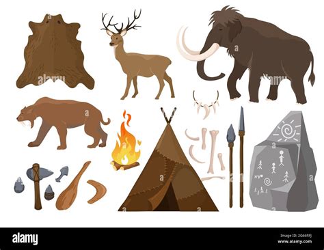 Vector Illustration Of Big Set Of Elements Of Stone Age Attributes