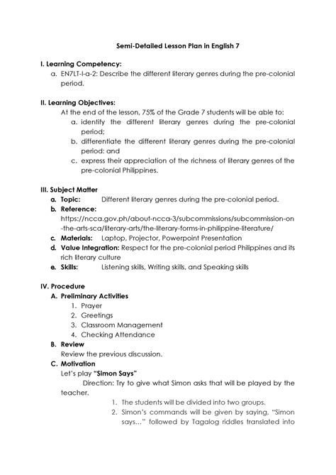 4as Semi Detailed Lesson Plan With Metacognitive Strategies Semi Detailed Lesson Plan In