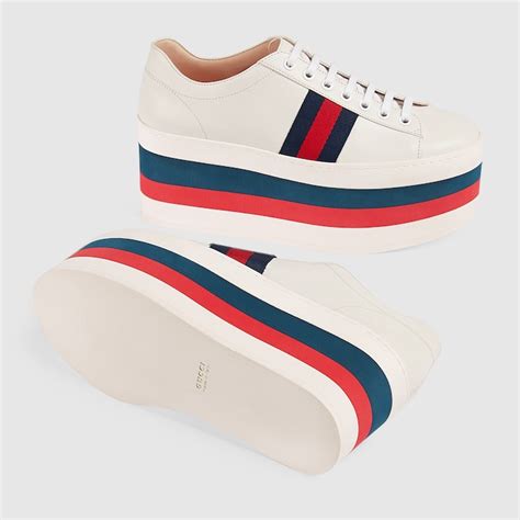 Leather Platform Sneaker In White Leather With Blue And Red Grosgrain