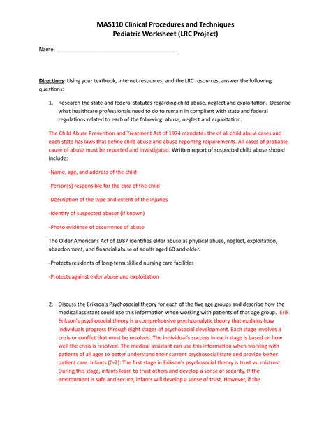 MAS110 Week 5 Pediatric Worksheet MAS110 Clinical Procedures And