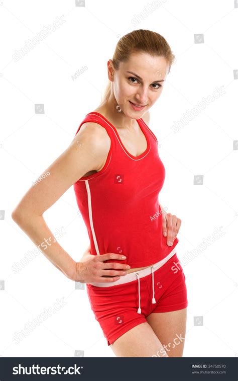 Smiling Sporty Blonde Red Leotard Posing Stock Photo