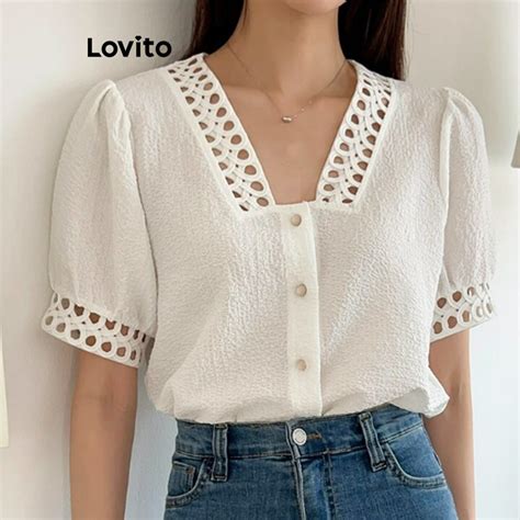 Lovito Women Casual Plain Fabric Stitching Button Front Blouse LNE36152