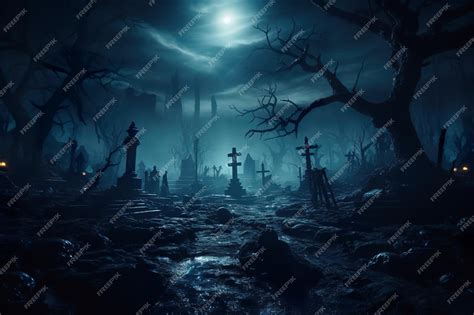 Premium AI Image | Graveyard on Halloween scary cemetery with blue ...