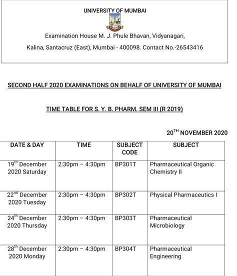 Time Tables Oriental College Of Pharmacy