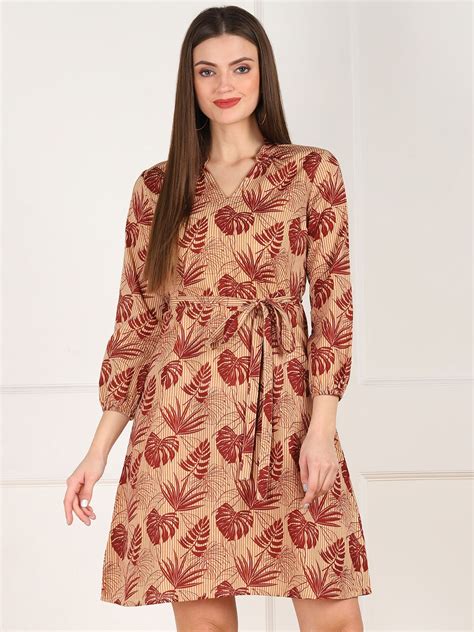 Buy Znx Clothing Women Brown Tropical Print Cotton Dress Ethnic