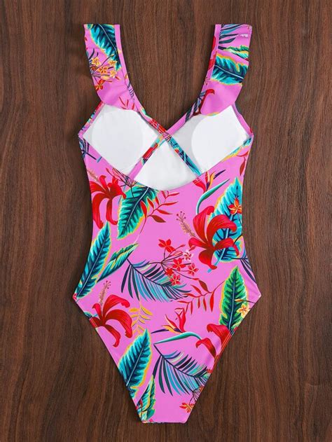 Tropical Print Ruffle Trim One Piece Swimsuit Shein Usa