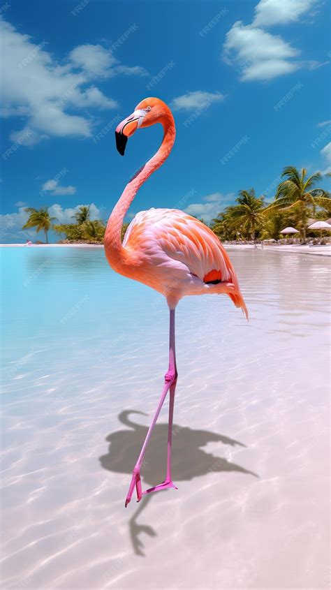 Premium Photo | A pink flamingo standing in water on a white sand beach