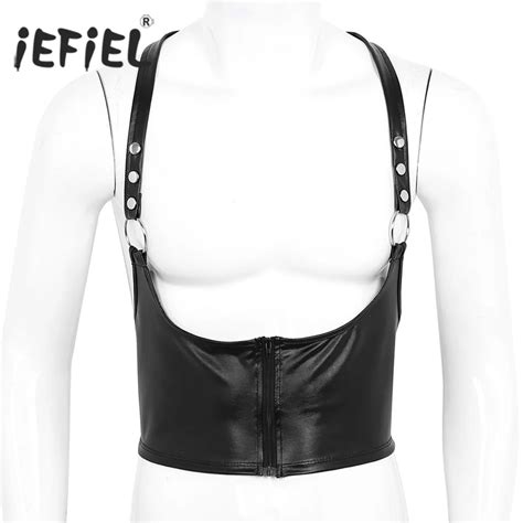 Iefiel Black Fashion Mens Lingerie Tank Tops Faux Leather Body Chest