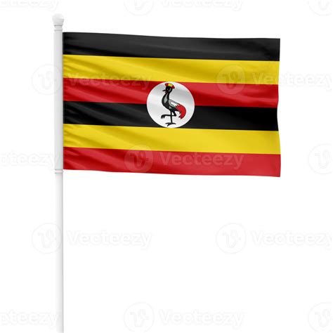 Realistic Uganda Flag Waving On A White Metal Pole With Transparent