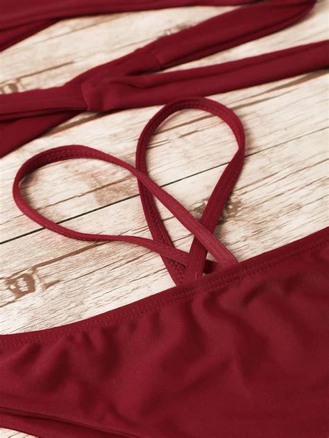 Burgundy Cross Front Halter Sexy Bikini Set