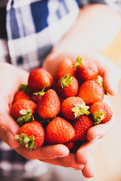 Premium Photo Close Up Of Hand Holding Strawberries