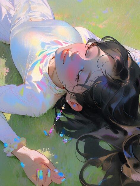 Premium Photo Anime Girl Laying On The Grass With Her Eyes Closed