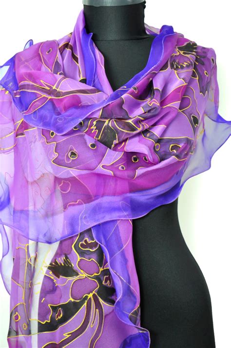 Hand Painted Silk Scarf Hand Painted Violet Flowers Painting Etsy