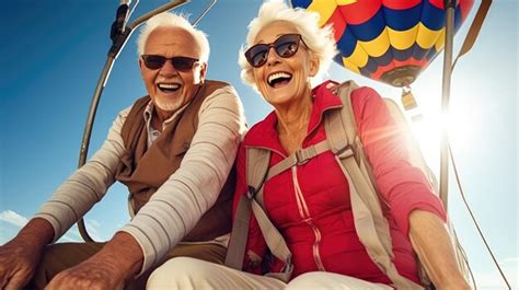 Premium AI Image Elderly Couples Hot Air Balloon Flight Elderly AdventurersVivid Memories