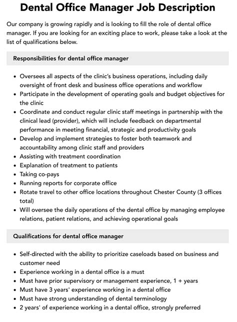 Dental Office Manager Job Description Velvet Jobs