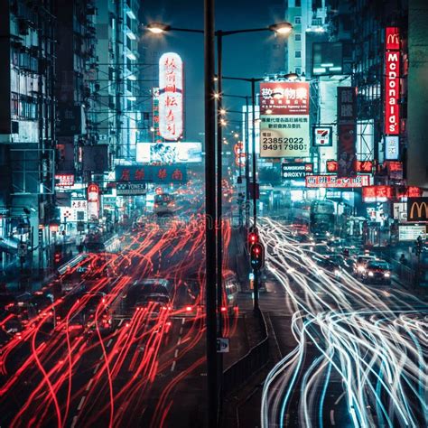 Beautiful Long Exposure Shot Of Hong Kong Streets At Night Editorial