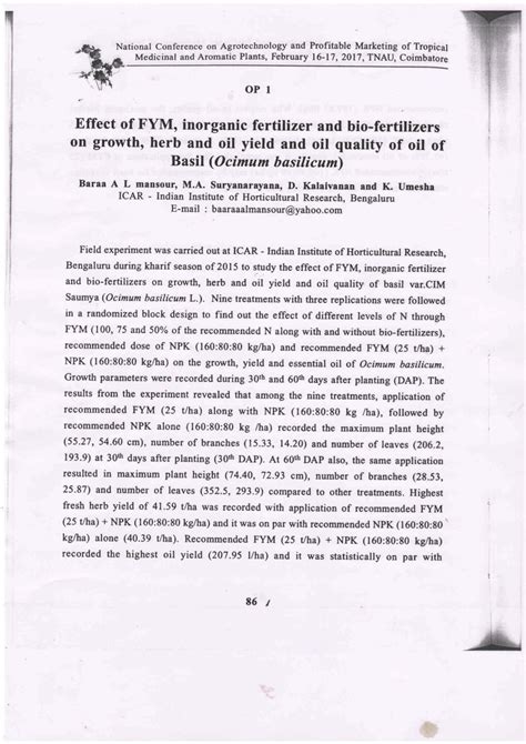 Pdf Effect Of Fym Inorganic Fertilizer And Bio Fertilizers On Growth