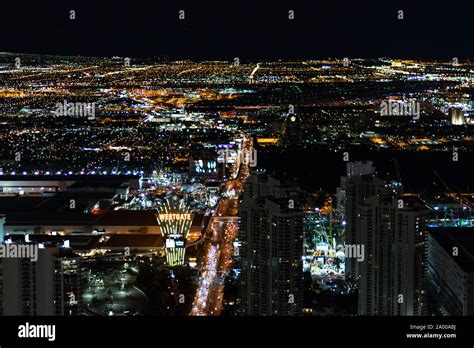 Aerial View Of Las Vegas Strip In Nevada As Seen At Night Usa Stock